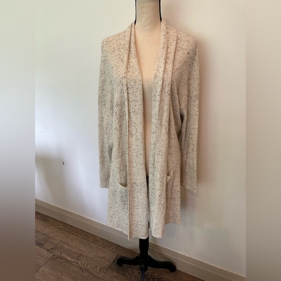 Eileen Fisher Ecru Speckled High Collar Cardigan w/ Pockets, XL Cotton - Picture 1 of 7